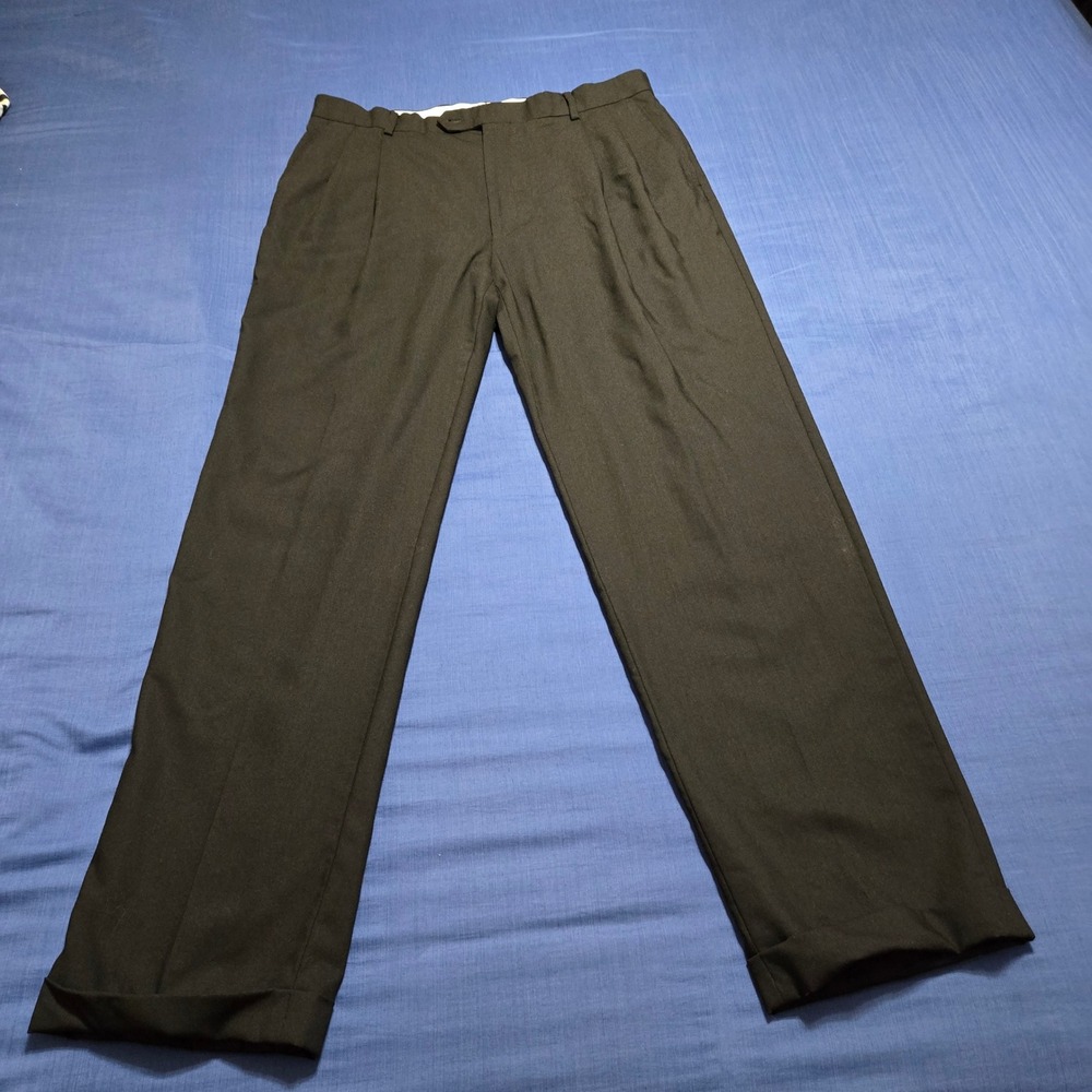 Pronto Uomo Dress Pants Mens 36x31 Black Good Pleated Cuffed 100% Wool Slacks